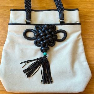 Shanghai Tang canvas leather knotwork fringe Tote